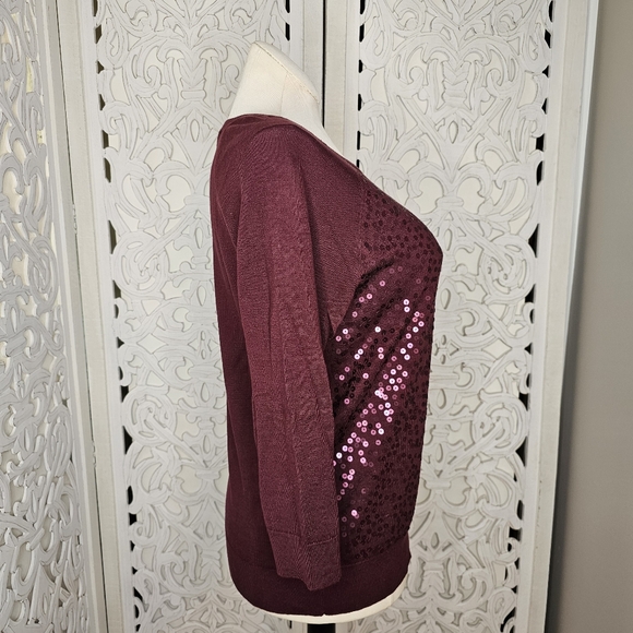 LOFT Burgundy Sequin Front Cotton Sweater Women’s Size L - Picture 4 of 11